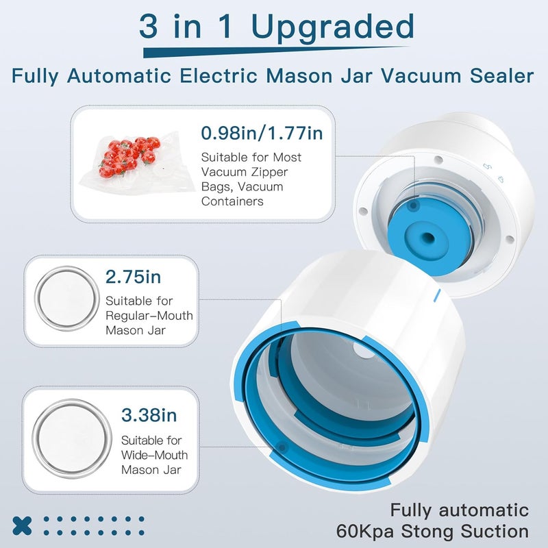 afontoto Electric Mason Jar Vacuum Sealer Kit for Wide Mouth and Regular Mouth Mason Jars Vacuum Sealing Machine for Food Storage Compatible with Vacuum Zipper Bags and Vacuum Seal Containers - Image 3